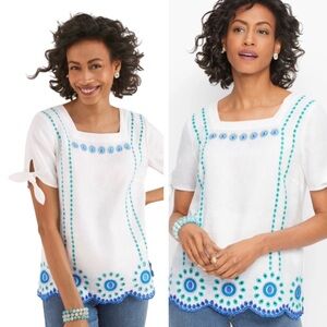 Talbots 55% Linen Embroidered Square Neck Top - Size M